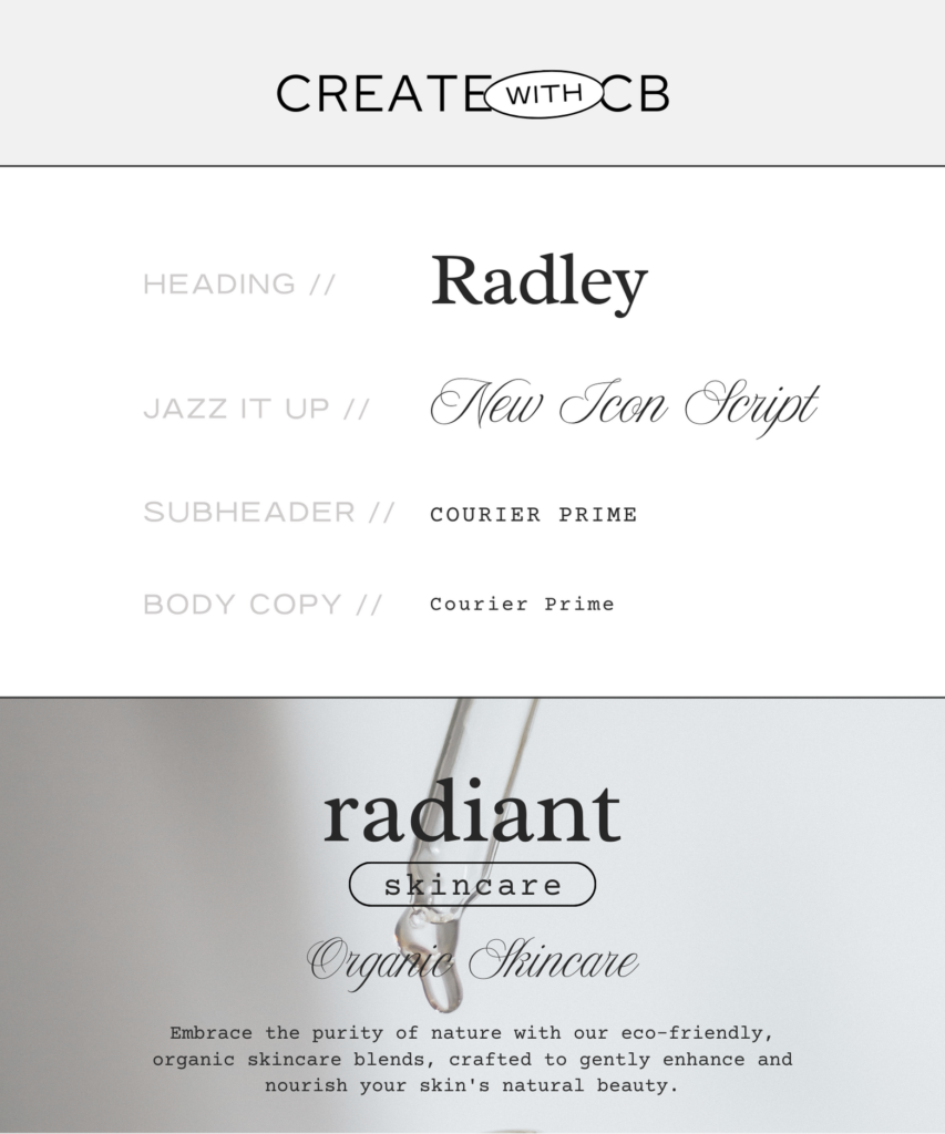 Headers in Radley with serif elegance, subheadings in New Icon Script with a whimsical, handwritten style, and body text in Courier Prime with a classic typewriter look.